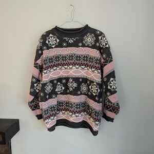 Vintage 80s 90s Winter Pastel Large Sweater Fair Isle Snowflakes Beaded Pearls